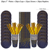 Dark Blue Gold Dot Disposable Tableware Set Paper Plates Cups Napkins Straw for Birthday Party Decoration Supplies Table Decor