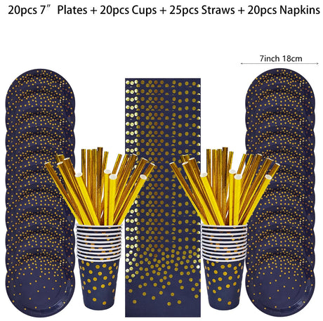 Dark Blue Gold Dot Disposable Tableware Set Paper Plates Cups Napkins Straw for Birthday Party Decoration Supplies Table Decor