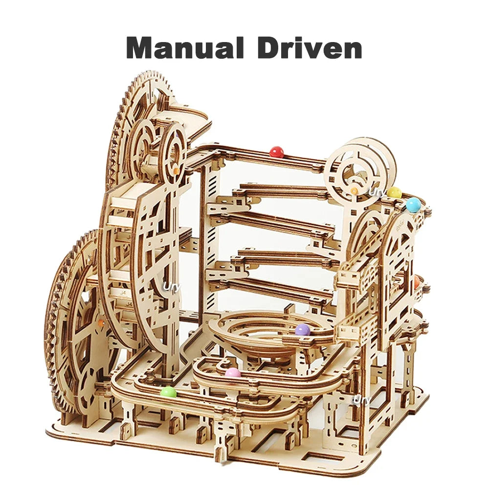 3D Wooden Puzzle Marble Run Set DIY Mechanical Track Electric Manual Model Building Block Kits Assembly Toy Gift for Teens Adult