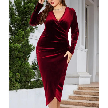 Plus Size Elegant Long Sleeve Velvet Skinny Dress Midi Red Sexy Pleated V-Neck Party Cocktail Dress Nightclub Casual Apparel