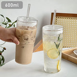 600ml Glass Mug Cup Milk Coffee Cup with Lid and Straw Transparent Stripe Water Cup Drinking Glasses Juice Tea Cup Drinkware