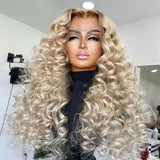 Ombre Ash Blonde Loose Curly Glueless Synthetic Hair Lace Front Wig For Black Women High Temperature Fiber  Hairline Cosplay