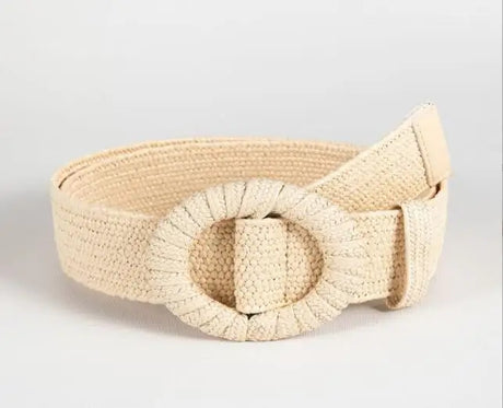 Bohemian Style Hand-woven Black and White Round Buckle Women Belts Designer Woven Elastic PP Straw Grass Girls Waistband