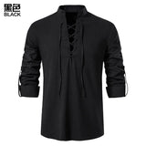 2023 men's new Amazon men's cotton and linen Henry shirt long sleeved hippie casual beach stand up collar shirt European size