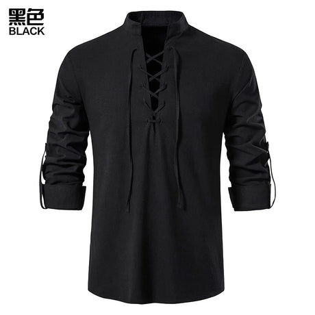 2023 men's new Amazon men's cotton and linen Henry shirt long sleeved hippie casual beach stand up collar shirt European size