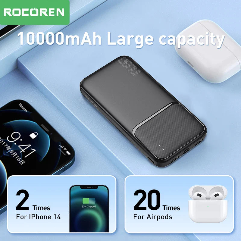 Rocoren Power Bank 10000mAh Portable Charger External Battery PoverBank 10000 Fast Charging Powerbank For iPhone Xiaomi mi POCO