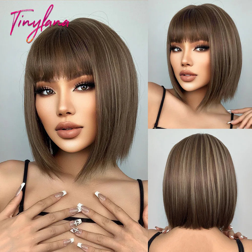 Brown Blonde Short Straight Synthetic Hair Wigs with Bangs for Women Golden Highlight Bob Wigs Cosplay Natural Heat Resistant