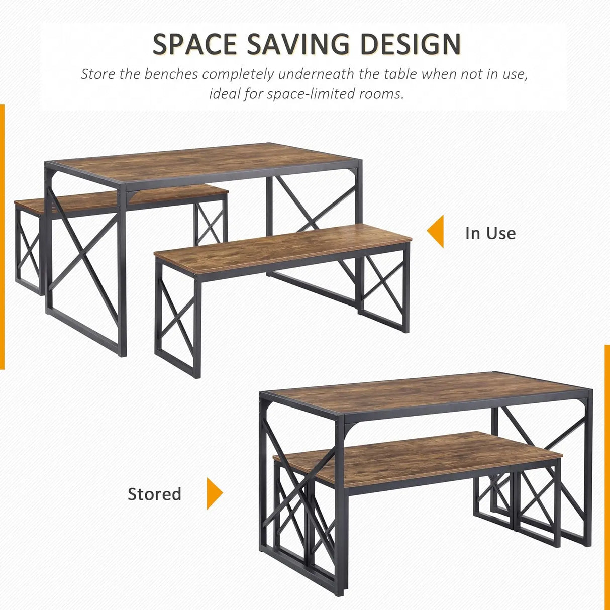 Kitchen Table with 2 Benches for 4-6,Wood Dining Room Dinette Sets with Metal Frame for Breakfast Nook and Small Space