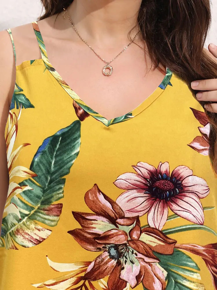 Polyester Plus Size Women's Curvy Print Sunflower Pleated Loose Camis, Cute Summer Bare Shoulder Ladies Tank Tops, Free Shipping