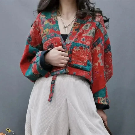 Gagaok Original Ethnic Floral Colored Parkas 2024 Autumn Winter New V Neck Loose Fitting Retro Art Jackets Short Jacket Women