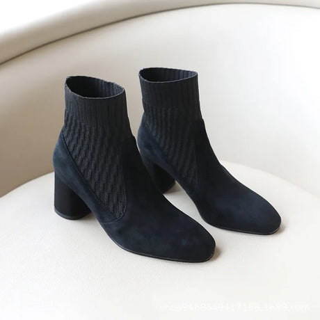 Pointed Ankle Boots Winter Women New Casual Chelsea Boots Women Medium Heel Knitted Sock Boots Women Faux Suede Female Heels