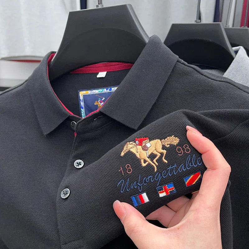 High Quality Luxury Men's Polo Shirt Autumn Lapel Spur Embroidery Long Sleeve 100Cotton Korean Business Leisure Fashion Menswear