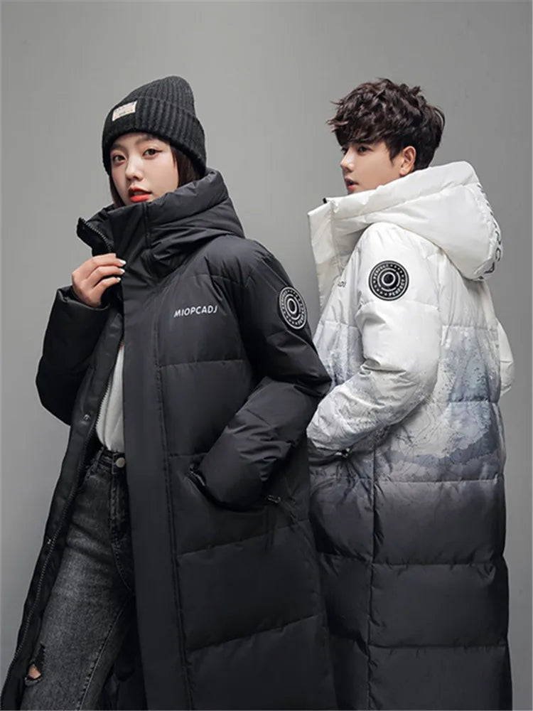 Winter X-long Cotton-padded Jacket Couple Gradient Hooded Puffer Jackets Fashion Highstreet Windproof Thicken Warm Parkas Coat