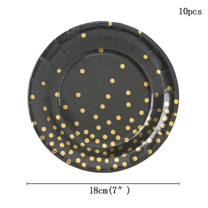 Black and Gold Party Supplies Polka Dot Plate Disposable Party Dinnerware Golden Spoon Fork Cup Tablecloth for Graduation