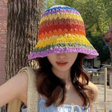 Spring Summer New Rainbow Woven Straw Hat Bucket Hat Sunblock Shade Wide Brim Hat Breathable Fisherman Hats Beach Straw Cap