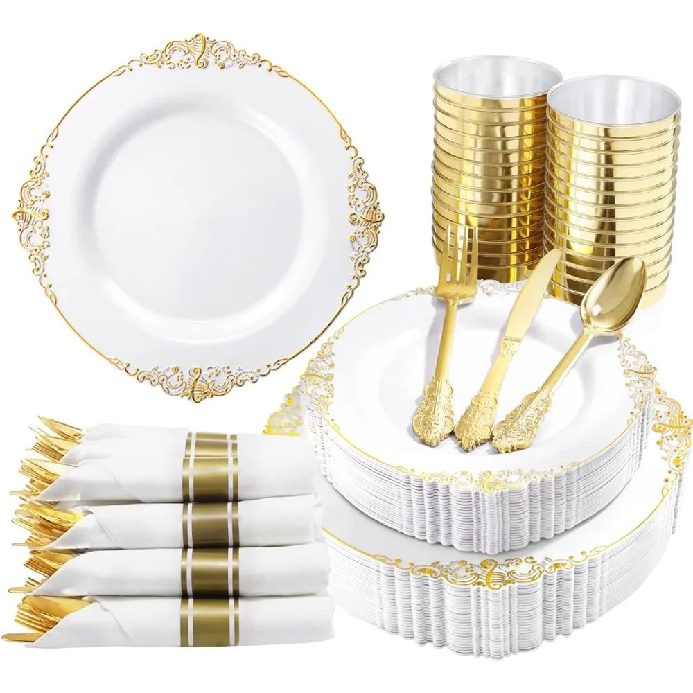 350PCS Gold Disposable Dinnerware Set for 50 Guests, 150 Gold Plastic Silverware, 50Cups, Napkins