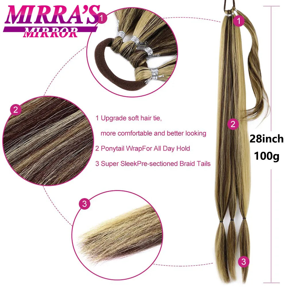 28 Inch Long DIY Braided Ponytail Extension with Hair Tie Straight Wrap Around Hair Extensions Ponytail Synthetic Hairpiece 100G