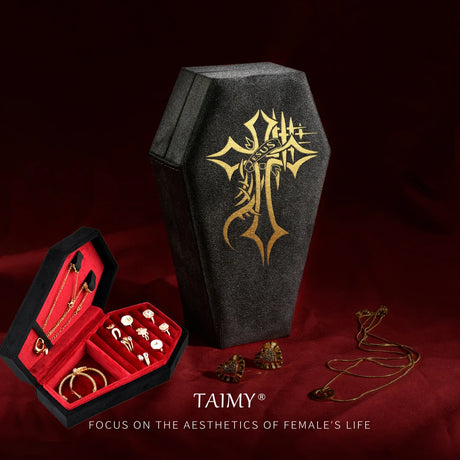 TAIMY Gothic Velvet Jewelry Coffin Shape Ring Necklace Storage Box Logo Custom Display Packaging Case Travel Hip Hop Rap Boxes