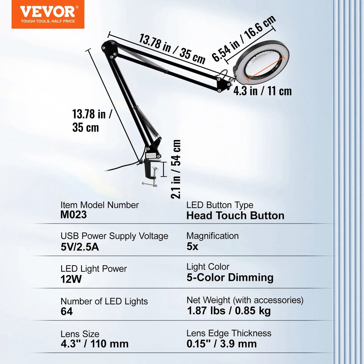 VEVOR Magnifying Glass with Light 5X Magnifying Lamp 4.3" Glass Lens Base or Clamp Desk Magnifier with 64 LED Lights