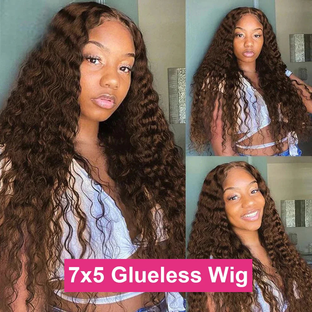 13x4 Chocolate Brown Lace Front Wig Deep Wave Frontal Wig Glueless Preplucked Human Wigs Ready to Go Colored Curly Human Hair