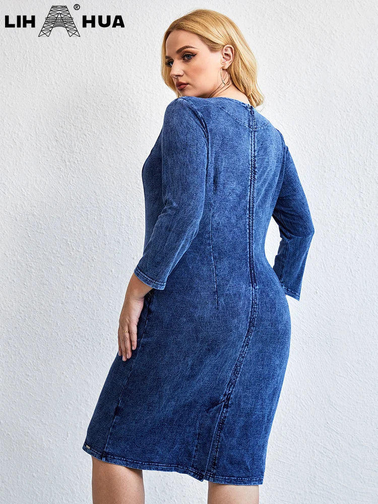 LIH HUA Women's Plus Size Denim Dress Autumn Chic Elegant Dresses For Chubby Women Round Neck Cotton Knitted Dress