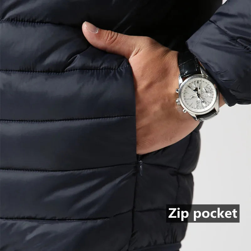 Lightweight Hooded Jacket Men Cotton Padded Winter Thermal Coats Warm Zip Pocket Parkas Fashion Casual Quilted Outwear Tops 2023