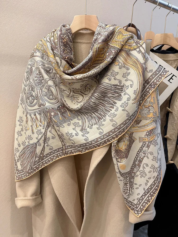 Luxury high-end scarves for women's autumn and winter silk and wool, large square scarves for warmth and shawl dual-purpose