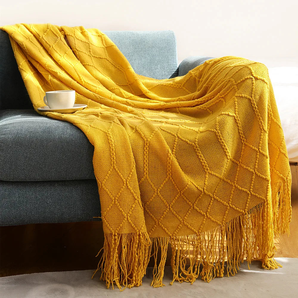 Textured Knitted Throw Blankets with Tassels Cozy Woven Decorative Boho Bed Blanket for Sofa Bed Chair Pattern for All Seasons