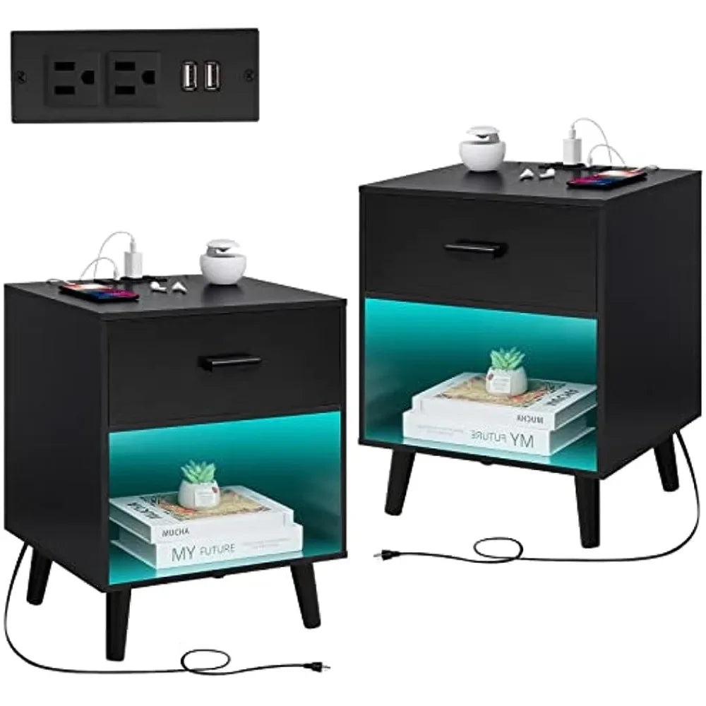 Nightstands Set of 2 with Charging Station and LED Lights, End Side Table with 1 Drawer, Modern Nightstand, Black