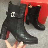 2023 New Luxury Red Bottom Boots Sexy Round Toes Square Heel Ankle Boots Women Elastic Band Black High Heel Red Sole Shoes