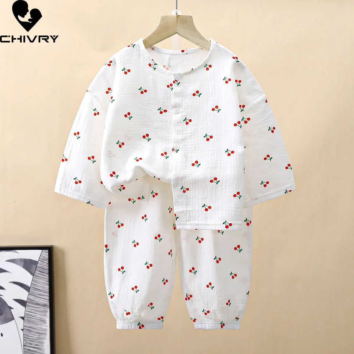 Kids Summer Thin Pajamas Sets New 2023 Boys Girls Cartoon Three-quarter Sleeve Cotton Yarn Shirt Tops with Pants Baby Loungewear