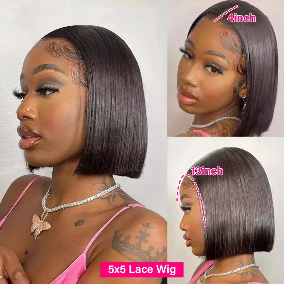 Brazilian Remy 13x6 Bob Human Hair Front Wigs Pre Plucked Bone Straight 250 Density Short 4x4 5x5 Lace Closure Wigs For Women