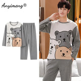 Big Size Autumn New Mens Casual Pajamas Set Cotton Long Sleeve Kawaii Bear Cartoon Printing Sleepwear for Men Pijama for Boy