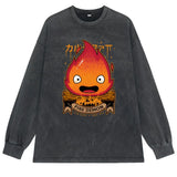 Calcifer Demon T Shirt Hip Hop Fall Washed Tshirt Retro Sweatshirts For Boys Long Sleeve Family Style Streetwear Funny T Shirt