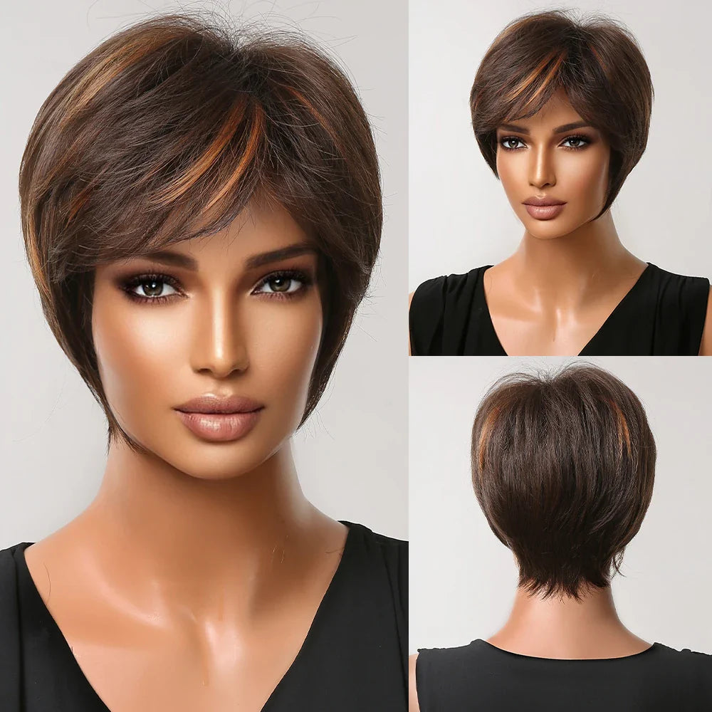 Short Pixie Cut Wig with Highlight Straight Chocolate Brown Synthetic Wig for Black Women Cosplay Daily Heat Resistant Hair Wigs