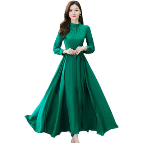 Plus Size Spring Autumn Women Maxi Dresses Female Vintage Full Sleeve Solid Casual Chiffon Dress Woman Bohemian Long Dresses