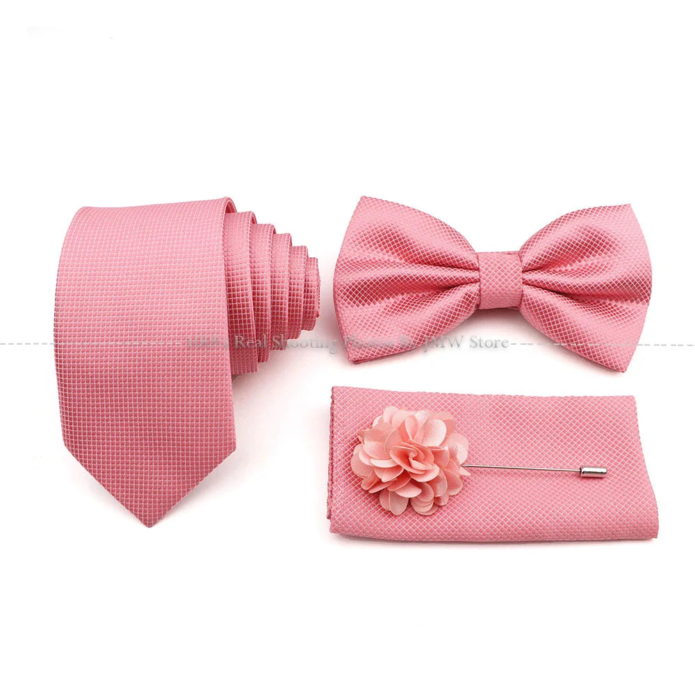 5 Pcs Slim Plaid Tie Set Polyester Pink Blue Necktie Bowtie Cufflink Brooch For Groom Suit Wedding Cravat Shirt Accessory Gift