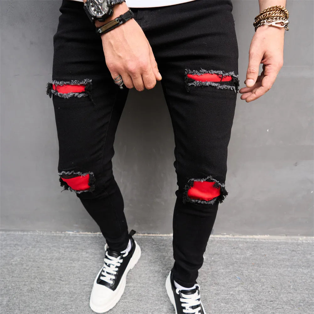 New Men Streetwear Ripped Slim Patch Stylish Jeans Trousers Male Holes Casual Denim Pants