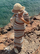 Knitted Stripped U-Neck Short Sleeve Dresses Female Crochet Straight Bodycon Vestidos Women Fashion Casual Beach Street Clothing