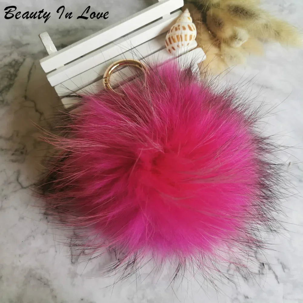 Big Size 15cm Real Fox Fur Ball Keychain Natural Raccon Fur Tassels Leather Strap Key Chain Ring Pendant For Women Charm f278