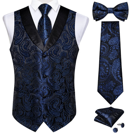 Brand Suit Vest Set For Men Luxury Silk Black Gold Paisley Dress Vest Tie Cufflinks Handkerchief Set Male Sleeveless Waistcoat