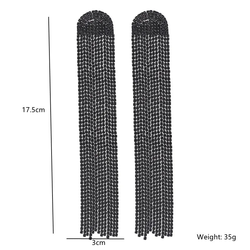 FYUAN Long Tassel Full Rhinestone Drop Earrings for Women Long Black Crystal Dangle Earrings Fashion Jewelry Accessories