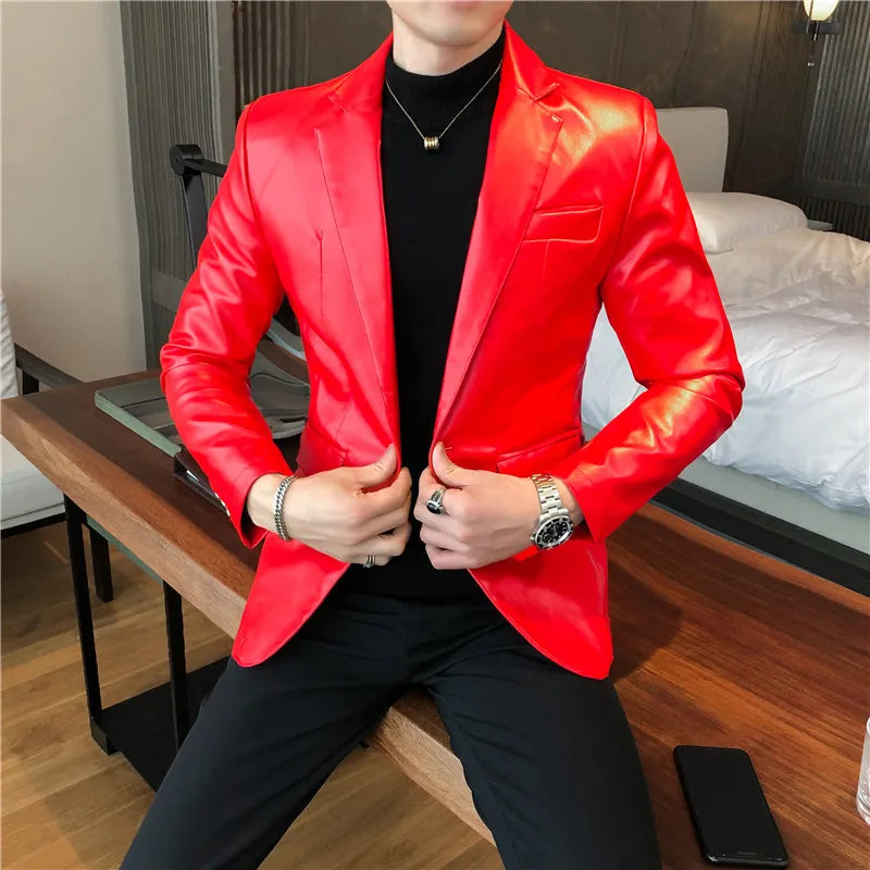 2022 Autumn Leather Jacket Men Slim fit Casual Business Blazer Masculino Solid Color Street Wear Social PU Coat Costume Homme