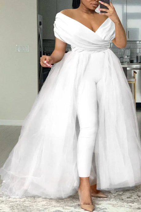 Plus Size Formal Casual One Piece Outfit Solid Off The Shoulder V Neck Tulle Jumpsuit (With Tulle Skirts)