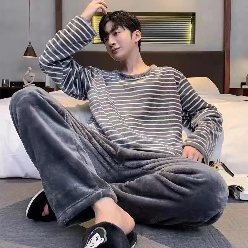 Winter Men Thicken Warm Flannel Pajama Set Male Long Sleeved Men'S Winter Stripe Leisure Homewear Cloth Loose Men Sleepwear Set