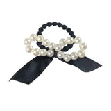 Fashion Seamless Black Hair Ties Rope Simple Pearl Beaded Ponytail Holders Rubber Band With Ribbon For Women Girls