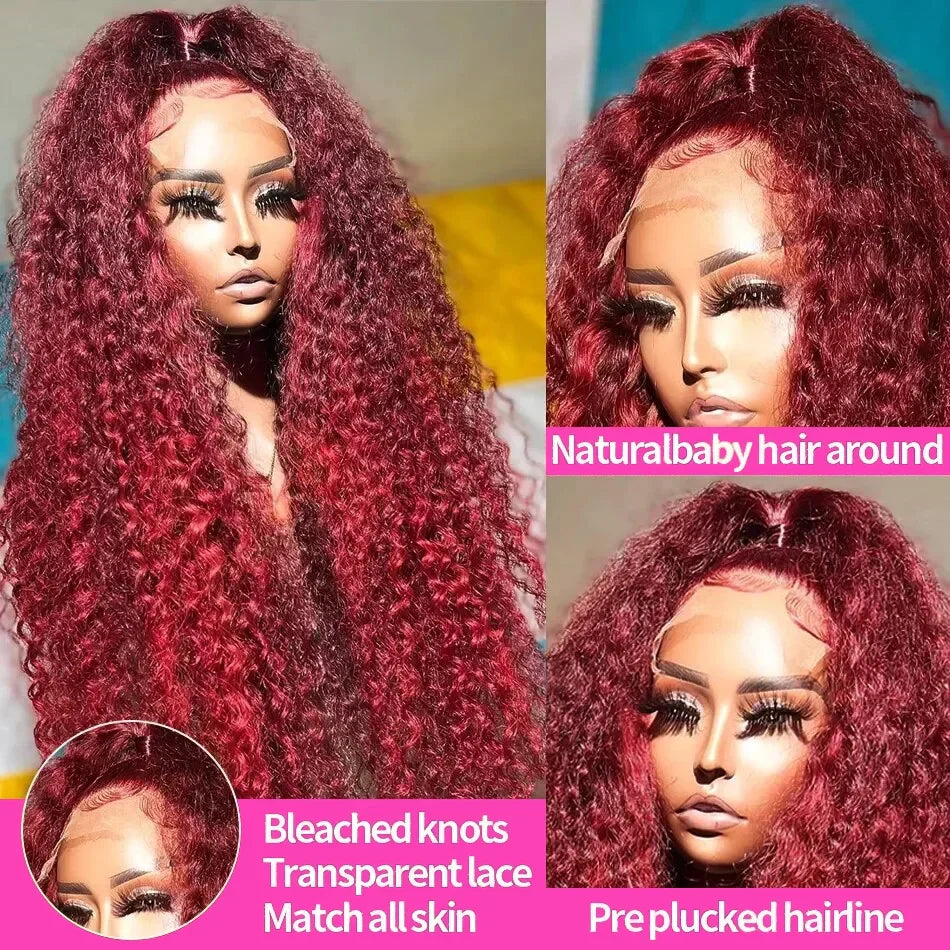 Le mythe 30 40 99J Burgundy Deep Wave 13x4 Lace Front Human Hair Wig 13x6 Lace Frontal Red Curly Wig Remy For Women 250 Density