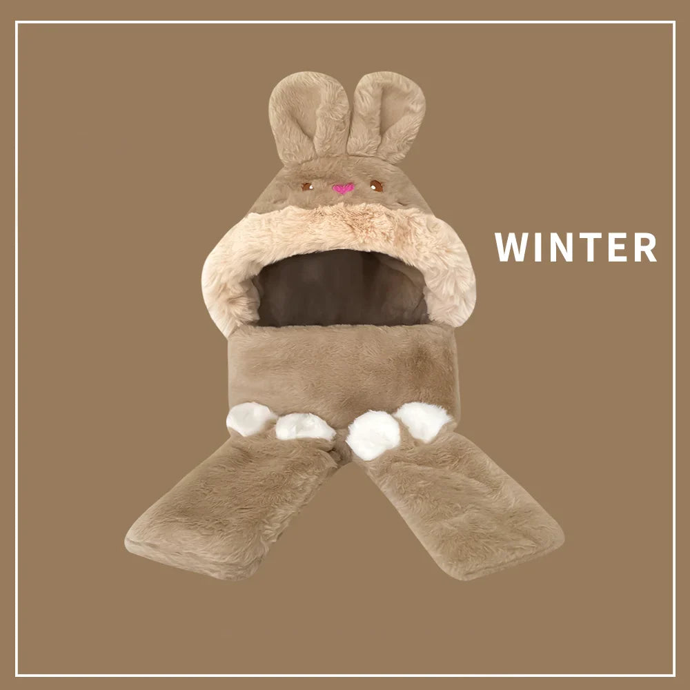 2021 women fashion Cute Cartoon Rabbit ears HatImitation mink Cap girl Winter Warmth Thickened with Scarf gloves one-piece hat