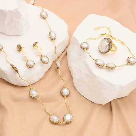 GLSEEVO Natural Baroque Shaped Pearl Women Jewelry Necklace Bracelet Earring Ring Set Rhinestone Inlaid Luxury Dress Jewelry