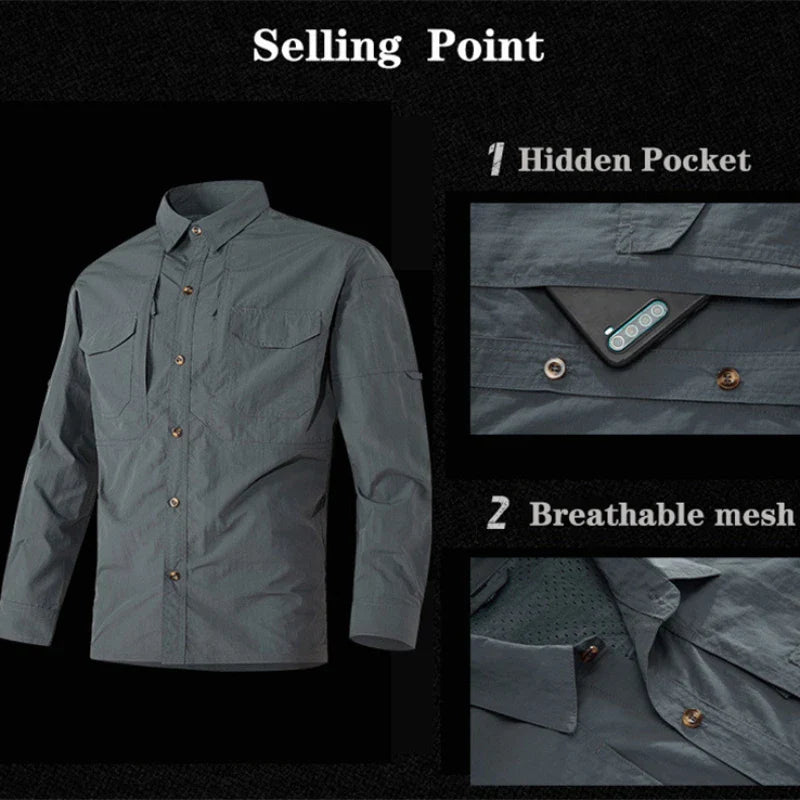 Mens Cargo Shirt Quick Drying Tactical Hiking Tops High-quality Thin Military Multi Pocket Breathable Male Shirt Plus Size 6XL